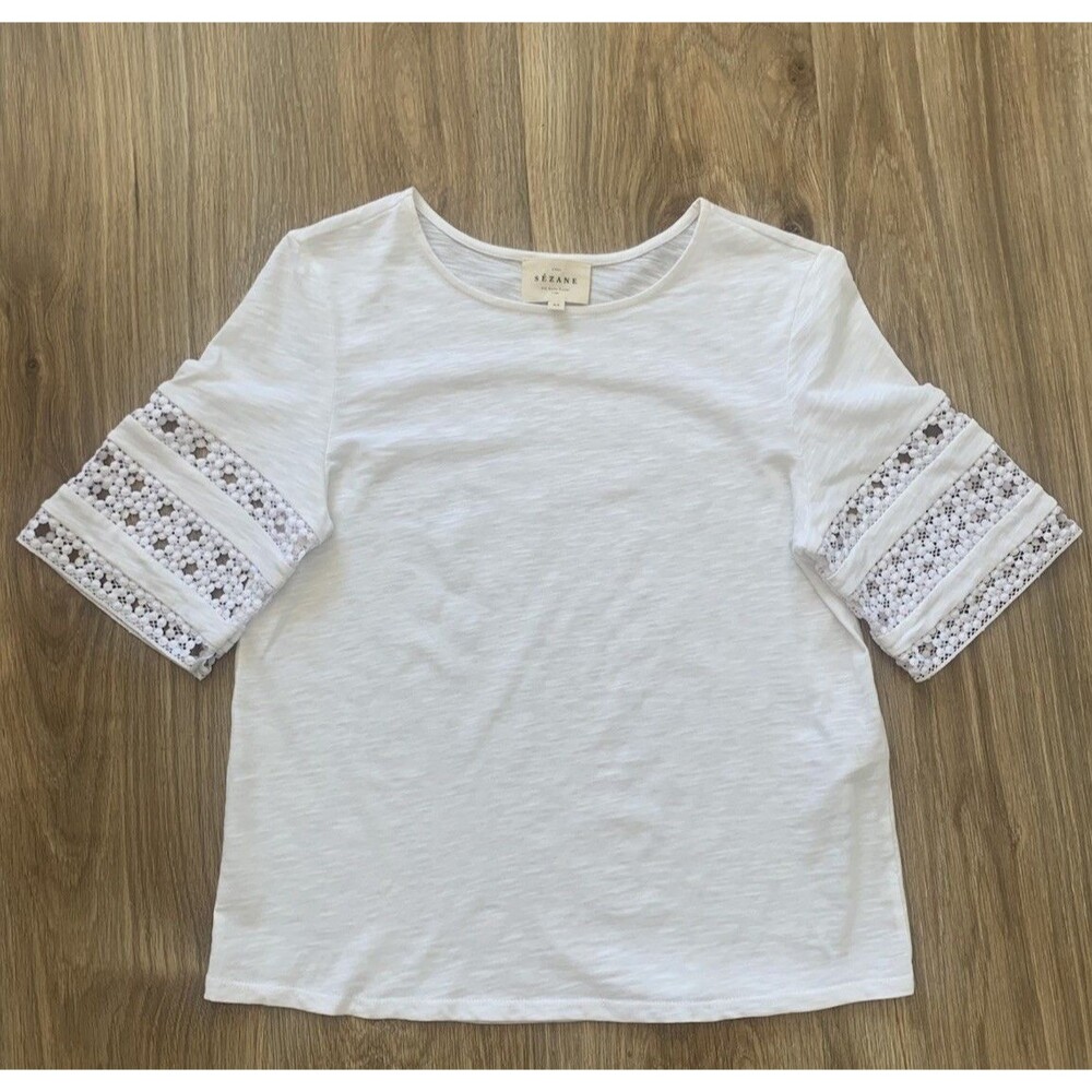 Sezane Hortense White T Shirt Ecru Womens XS Lace Inlay Sleeves Organic Cotton